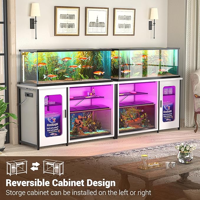 Unikito 55-75 Gallon Aquarium Stand with Power Outlets & LED Light, Reversible Fish Tank Stand with Cabinet for Fish Tank Accessories Storage, Heavy Duty Metal Frame, 880LBS Capacity, White