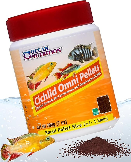 Ocean Nutrition Fish Food Cichlid Pellets, High Protein (41%) Soft Moist Sinking Pellets for Omnivorous Predatory Cichlids - Enhances Color & Growth, 7 oz (200 g), Small Pellet