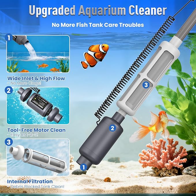 Cordless Electric Aquarium Gravel Cleaner: Rechargeable Fish Tank Cleaner with 4 Adjustable Suction, Anti-Clog for Debris Clean & Sand Washing,650GPH Automatic Water Changer for Small/Large Tank