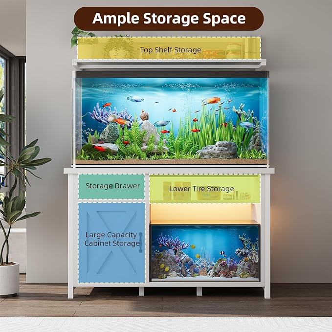55-75 Gallon Fish Tank Stand with Power Outlet, Led Light, Heavy Duty Aquarium Stand with Cabinet for Fish Tank Accessories Storage, Shelf, for Turtle Tank, Reptile Terrarium, 1100 LBS (White)