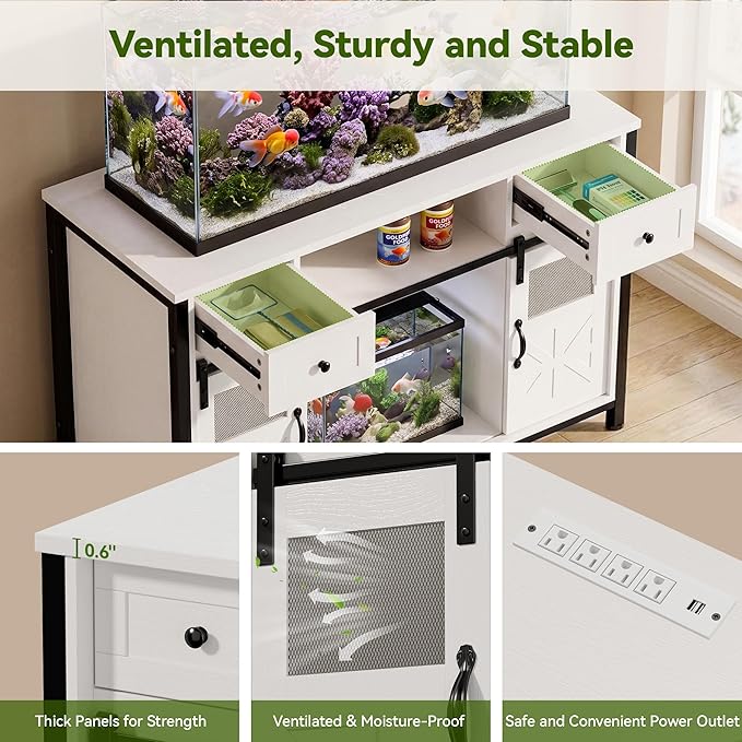 Petrova 55-75 Gallon Fish Tank Stand with Power Outlet, Metal Double Aquarium Stand with Storage Cabinet and Sliding Barn Door, Heavy Duty Reptile Tank Stand, 48" L* 20"W Tabletop, 900LBS Capacity, White