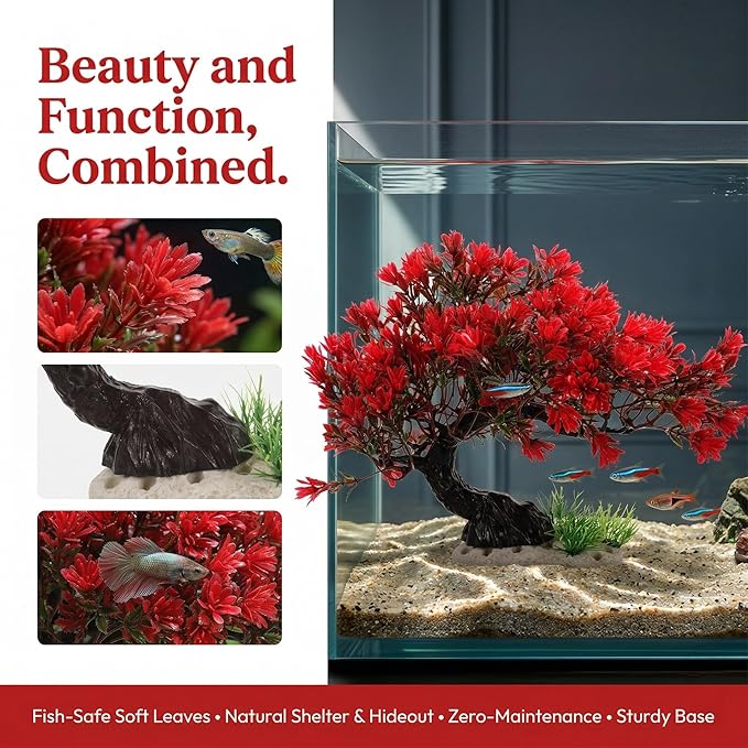 BESTOYARD Artificial Bonsai Tree Aquarium Decoration, Vibrant Plastic Plant for Betta Fish Tank, Realistic Underwater Decor Ornament & Fish Hideout Accessories, Red