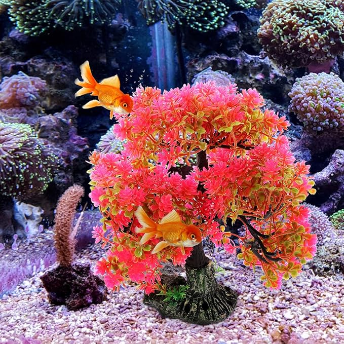 Aquarium Decor Artificial Aquatic Plant Tree with Rock Base Simulation Fish Tank Landscaping Ornament for Home and Desktop Decoration 2.15X2.15X10.14 Inches