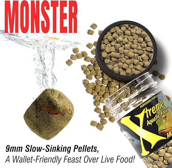 Xtreme Monster 9.0mm Pellets – Slow Sinking & Ideal for Large Cichlids, Monster Fish & Voracious Eaters – Boost Immune & Digestive Health, Max Marine Protein Fish Food – USA Farm Grown (9oz)