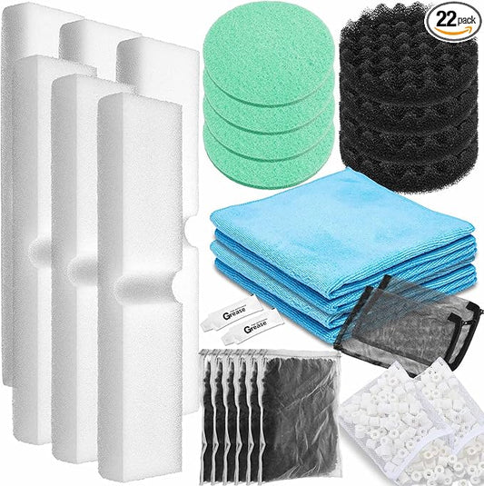 Threlaco 28 Pcs Aquarium Media Kit Compatible with Fluval Fx4/ Fx5/ Fx6 Filter, Carbon Foam Pad, Phosphate Remover Pads, Activated Carbon, Foam Block, Silicone Lube, Towels, Ceramic Ring, Mesh Bag