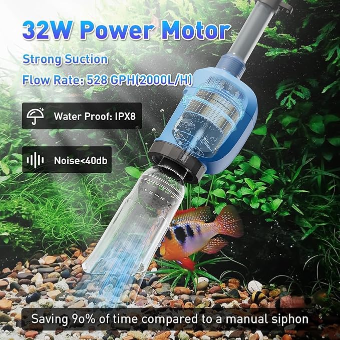 6-in-1 Electric Aquarium Gravel Cleaner, 530GPH Fish Tank Vacuum Cleaner with Water Changer, Sand Washer, Debris Remover & Circulation Pump, Quiet 32W Pump