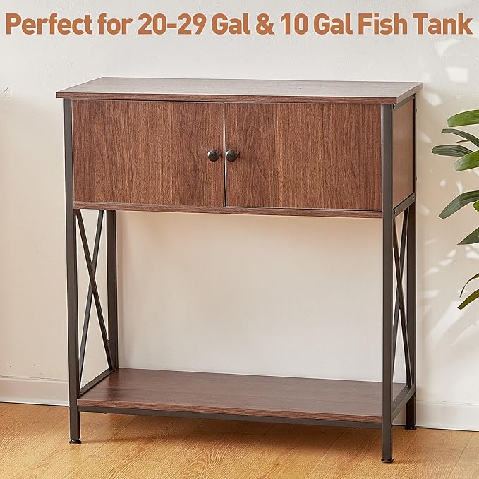 LAQUAL 20-29 Gallon Aquarium Stand with Cabinet, 20 Gallon Long Fish Tank Stand with 31''L * 12''W Tabletop, Double Heavy Metal Stand with Stable Structure, Adjustable Table Feet - Walnut Brown
