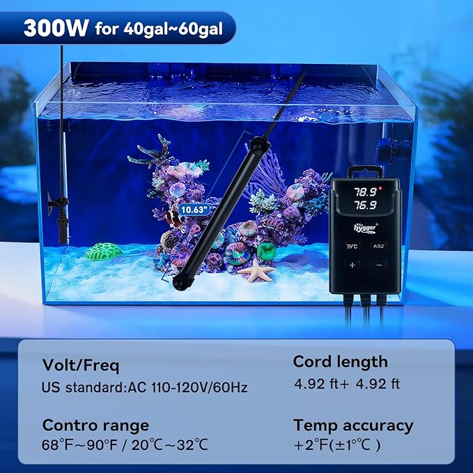 hygger Aquarium Heater,Submersible Fish Tank Heater with External Digital Display, Including Overheat & Leakage Protection and Temperature Sensor for Freshwater and Saltwater (300W for 40gal~60gal)