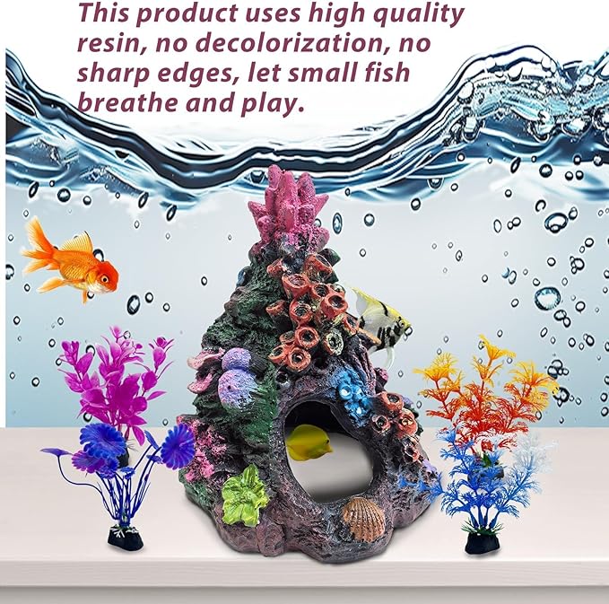 PINVNBY 5 PCS Colorful Coral Small Fish Tank Decorations, Resin Mountain Ornament and Artificial Aquarium Plants for Goldfish Betta Fish Tank Cave Hideout Sleep Rest Play Breed