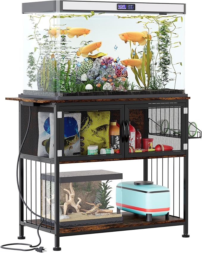 TQVAI 40-55 Gallon Fish Tank Stand with Power Outlets, Heavy Duty Aquarium Stand with Cabinet Storage Fish Tank Accessories, Large Reptile Terrarium Tank Stand, Black/Vintage