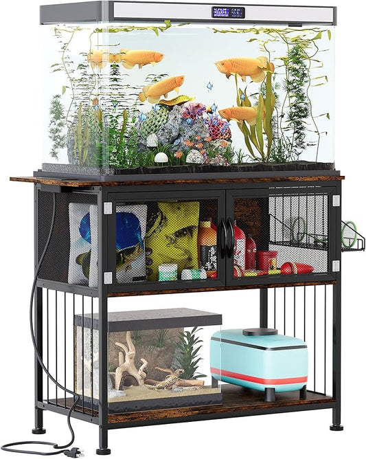 TQVAI 40-55 Gallon Fish Tank Stand with Power Outlets, Heavy Duty Aquarium Stand with Cabinet Storage Fish Tank Accessories, Large Reptile Terrarium Tank Stand, Black/Vintage