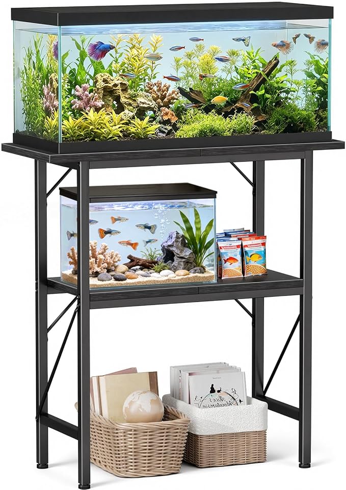 20-29-30 Gallon Fish Tank Stand with Storage Shelves, 2-Tier Aquarium Stand with Metal Frame, Heavy Duty Reptile Turtle Tank Stand for Home Office, 30" L x 11.8" W x 30.5" H, Black