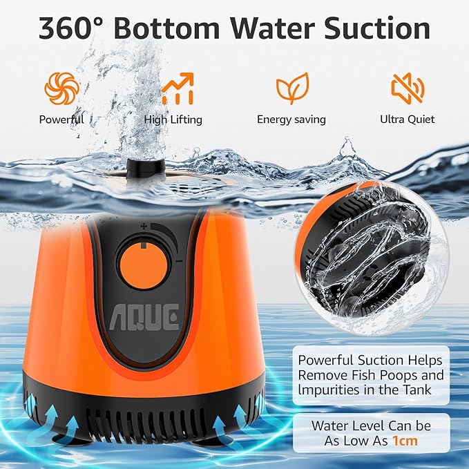 AQUE 360° All-round Water Intake Submersible Pump. It is suitable for fish tanks, ponds, aquariums and hydroponic systems. It comes with a 6-foot power cord and 4 nozzles. (100W)
