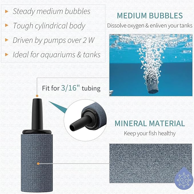 Pawfly Aquarium 1 Inch Air Stone Cylinder Grey Bubble Diffuser Oxygen Aerator Stone for Nano Air Pumps Small Buckets and Fish Tanks, 50 Pack