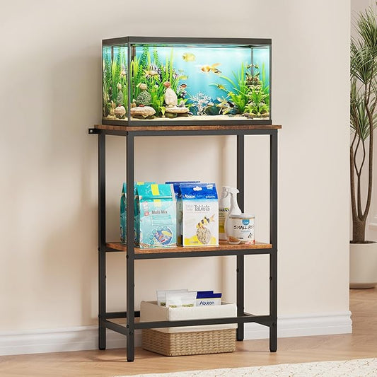 5-10 Gallon Fish Tank Stand, Aquarium Stand with 2-Tier Storage Shelves, Heavy-Duty Reptile Terrarium Stand Table with One-Piece Top for 10 Gallon Standard Model, 21.2" L x 11.8" W x 29.3" H (Brown)