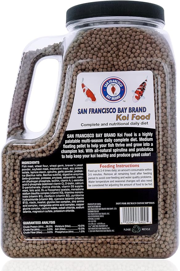 San Francisco Bay Brand Premium Koi Fish Food 4 lbs - Medium Floating Pellets Fish Food, All-Natural Spirulina & Probiotics Koi Food, Complete Multi-Season Diet, Enhance Color & Immunity, 36% Protein