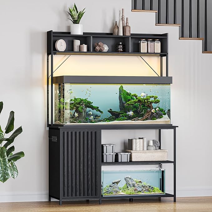 BELLEZE 55-90 Gallon Aquarium Stand with LED Lights, Fluted Cabinet For Fish Tank Accessories Storage, Heavy Duty Metal & Power Outlets, 1200 LBS Capacity, Turtle Tank Reptile Terrarium, Black Ebony