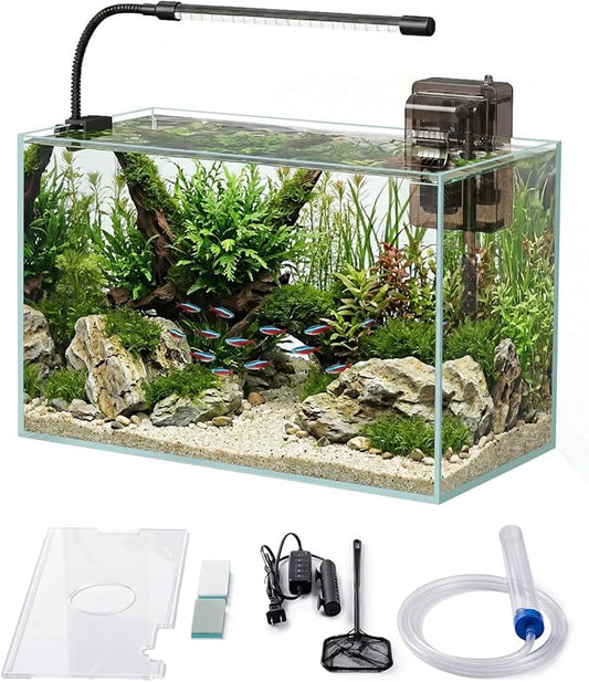 Glass Fish Tank Kit, 5 Gallon Betta Fish Tank Aquarium Starter Kit with Filter, Lights, Lid, for Betta, Goldfish, Small Fish or shrimg，Clear