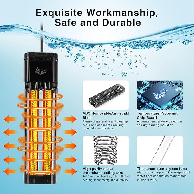 AQQA Aquarium Heater,300W 500W 800W 1000W 1200W Fish Tank Heater,59℉-93℉ Submersible Intelligence Aquarium Heater with Over-Temperature Dry Burning Protection 1200W to 155-265 Gallon
