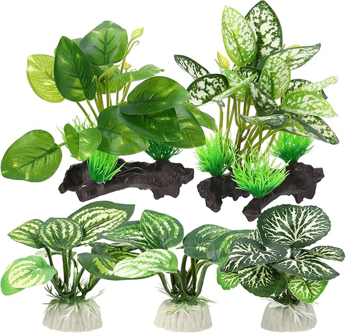 Aquarium Plastic Plants, Driftwood Betta Silk Plants, Silk Plants Aquarium Set Decorations, Silk Aquarium Plants for Betta Fish (Green, 5pcs)