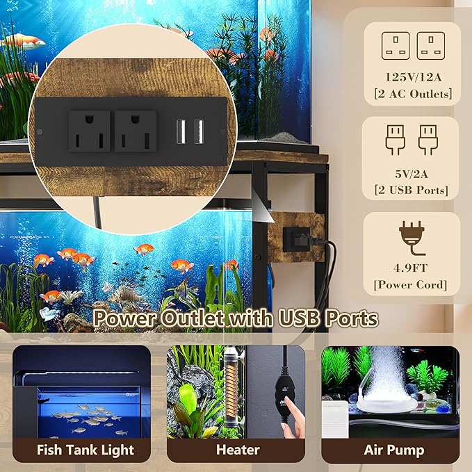 Heybly 20-29 Gallon Fish Tank Stand, Aquarium Stand with Drawer, Power Outlet, Heavy Duty Metal Frame, for Fish Tank, Turtle & Reptile Terrarium, 31.5" x 15.7" Top, 330lbs, Rustic Brown HAS001SR