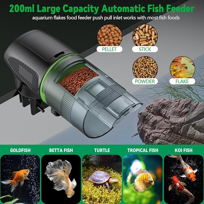 Automatic Fish Feeder for Aquarium - 200ml 360 Degree Rotation, Food Dispenser with Timer, Digital Smart Feeder | Programmable Vacation Feeding for Pond Betta Vacation Feeding Guppy Holiday