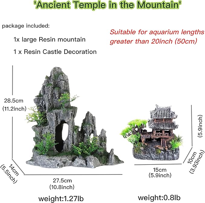AWXZOM Extra Large Aquarium Decorations kit - “Ancient Temple in The Mountain”, Japanese Aquarium Decorations Resin Aquarium Castle Decorations Aquarium Mountain View Stone