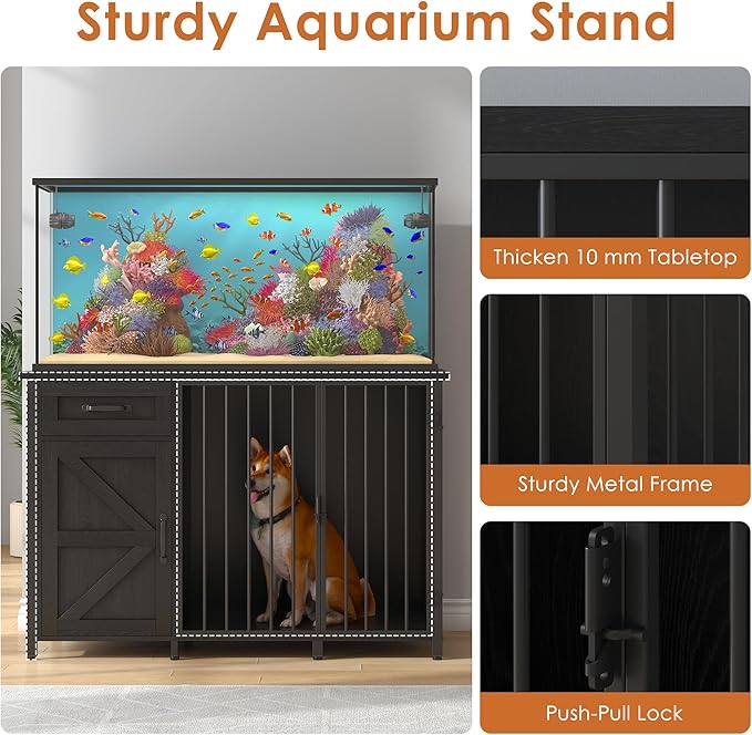 kepptory 55-75 Gallon Fish Tank Stand with Dog Crate, Multifunctional Aquarium Stand with Cabinet and Power Outlets for Larger Aquariums and Versatile Use (Black)