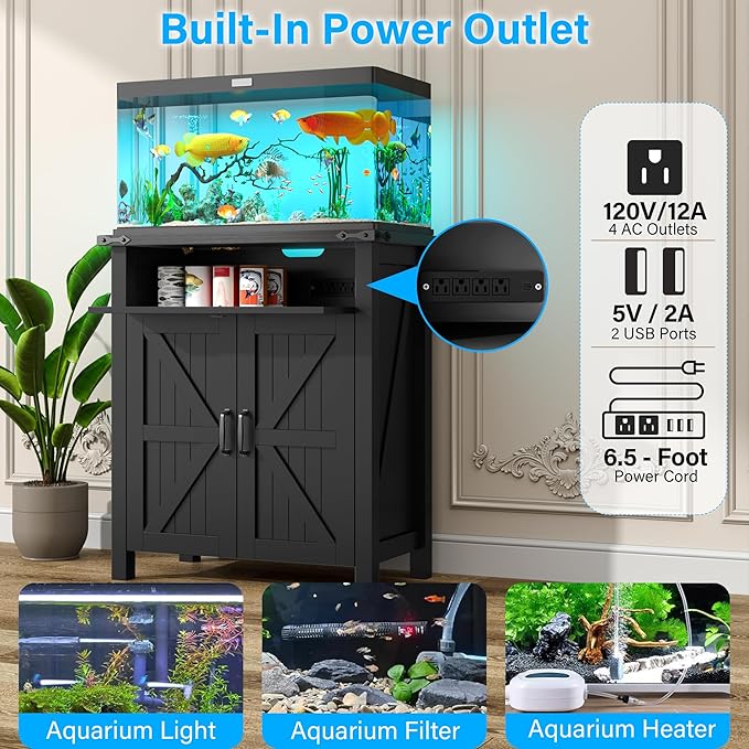 kepptory 20 Gallon Fish Tank Stand with Power Outlets, Farmhouse Decorative Aquarium Stand Furniture with Adjustable Shelves, 10-20 Gallon Reptile Turtle Tank Stand with Cabinet Storage (Black, 20GL)