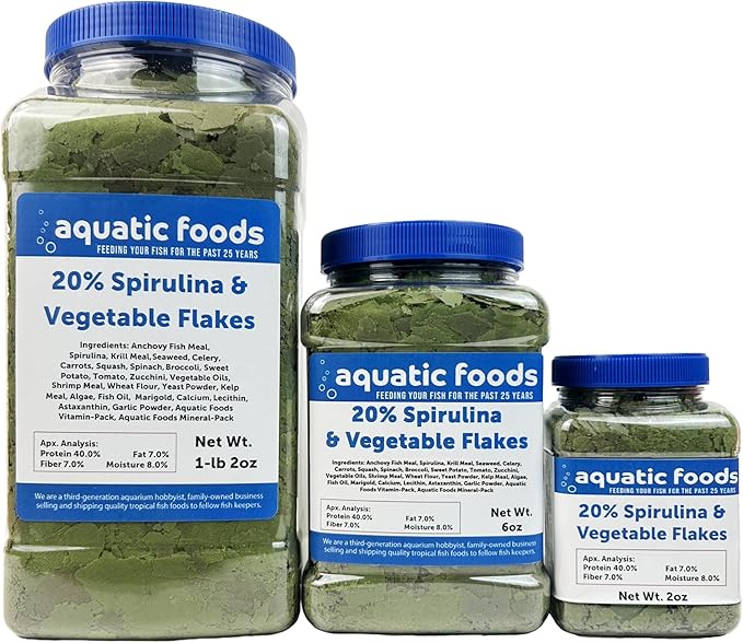 Premium Spirulina & Vegetable Flakes with 20% Spirulina for African Cichlids, Angle Fish, All Tropical Fish Also Pellet Mix, Wafer Mix Included…1-lb 2oz