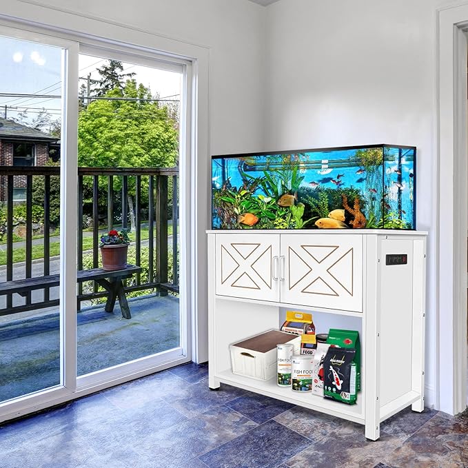 BEURUKU 40 Gallon Tank Stand with Cabinet and Power Outlets, Heavy Duty Metal Aquarium Stand for 40-50 Gallon Breeder Tank, Turtle Tank, Double Terrarium Stand, 660LBS Capacity, White