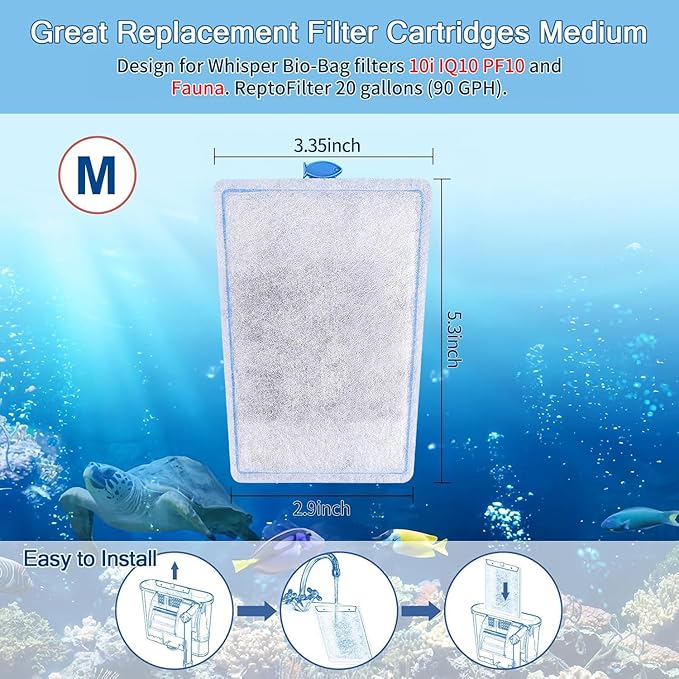 12 Pack Assembled Medium Aquarium Filter Cartridge for Whisper Bio-Bag Power Filters, Medium Replacement Filter Cartridges for ReptoFilter