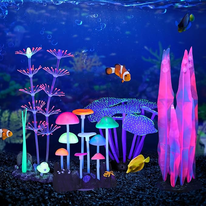 4 Pack Aquarium Fish Tank Decorations, Soft Silicone Coral Reef Plant Mushroom Kelp Decorations Glowing Artificial Ornament for Aquarium Fish Tank Glow Ornament