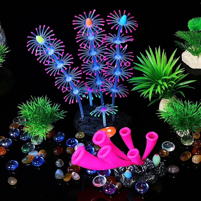 POPETPOP Glow in the Dark Fish Tank Decorations 2Pcs Artificial Coral Ornaments Silicone Aquarium Plants for Reef Decor 3.46X3.34X2.16In Safe Non-Toxic Aquarium Glow Decorations