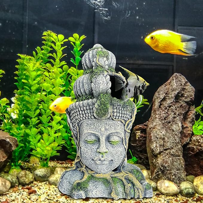 Hamiledyi Buddha Head Statue Aquarium Decorations Resin Fish Hideout Betta Cave for Large Fish Tank Ornaments Betta Sleep Rest Hide Play Breed(Large Size)