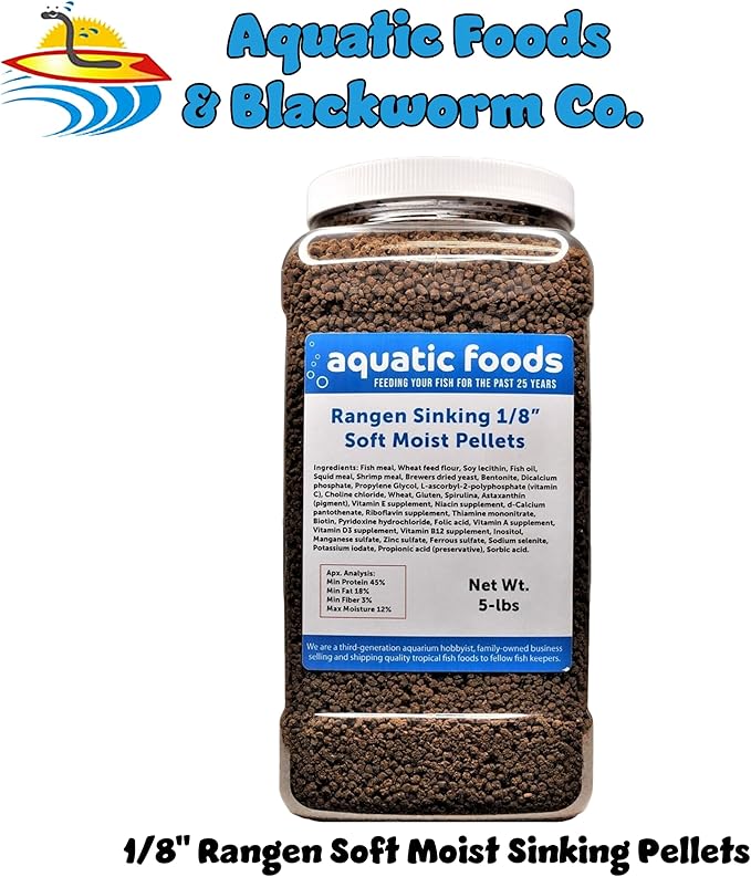 1/8" Soft Moist Sinking Salmon Pellets for Juvenile Axolotls, Shrimp, Snails, Crabs, Small Amphibians, Bottom Tropical Fish...5-lb Lg Jar