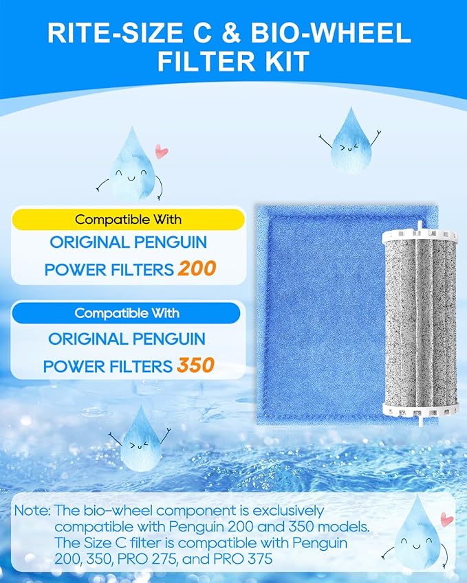 Rite-Size C Filter Cartridges & Bio Wheel Aquarium Filter, Compatible with Marineland Penguin 200/200B/350/350B Aquarium Filters, Replacement Fish Tank Filter Media 1+1 Pack