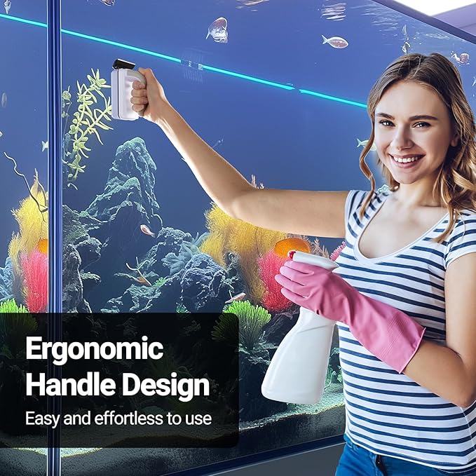 Yaubay Aquarium Magnet Glass Cleaner, Magnetic Fish Tank Cleaner with Algae Scraper, Double Sided Cleaning Scrubber Brush with Handle, Titanium Blade, Self-Floating, Fit 1/4"-1/2" Thick Glass, Large