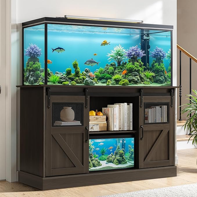 MAGIC UNION 55-75 Gallon Large Fish Tank Stand with Power Outlet, Heavy Duty Aquarium Stand with Sliding Barn Doors, Turtle Reptile Terrarium Stand with Cabinet for Accessories Storage, 1300LBS (Gray)
