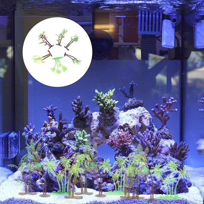 HOMSFOU 72pcs Set Artificial Mini Coconut Tree Aquarium Decor, Plastic Simulation Palm Tree for Fish Tank Landscape, Green Micro Plant Ornament for Aquatic Pets and Sand Table Style