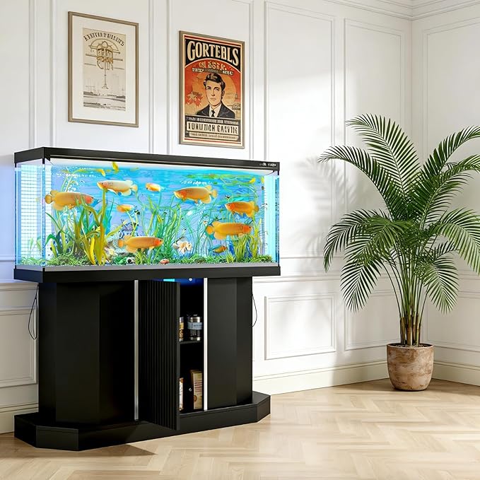 Modern 55-75 Gallon Fish Tank Stand with Power Outlet (4 AC 2 USB Ports), Heavy Duty Aquarium Stand with Cabinet Storage for Fish Tank, Turtle Tank, Reptile Terrarium, 880LBS Capacity, Black