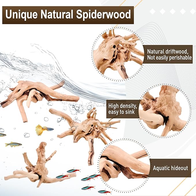 Kaiyuan Dynasty 5Pcs 6-8" Sinkable Spider Wood Natural Aquarium Decor Spiderwood for Reptile Decor Fish Tank Decorations Aquatic Plants Hardscaping