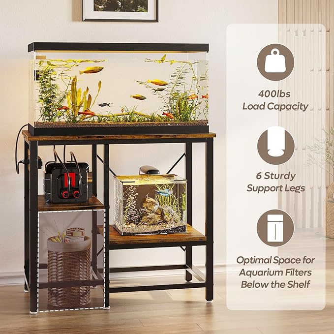 Bestier 20-29-37 Gallon Fish Tank Stand with Power Outlet, 30x13 Metal Aquarium Stand with Filter Storage, 6-Leg Reptile Tank Stand with 3-Tier Adjustable Storage Shelves, 400LBS Capacity