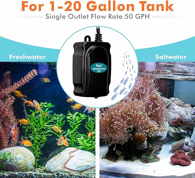 hygger Mini Aquarium Air Pump Kit Small Fish Tank Air Pump 1W for 2-20 Gallon Fish Bowl with Air Tube Air Bubbler Stone Check Valve
