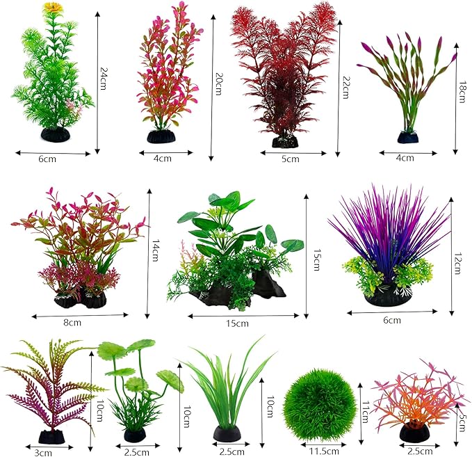 Aquarium Decorations Plants, 12Pcs Artificial Fish Tank Plants with Assorted Sizes (5-24cm), Fish Tank Accessories Fish Tank Decor, Aquarium Decor Fish Tank Plastic Plants