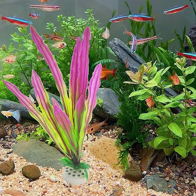 2PCS 11 Inches Tall Purple Green Seaweed Grass Artificial Aquarium Plants, Plastic Fish Tank Decorations for Freshwater and Saltwater Tanks