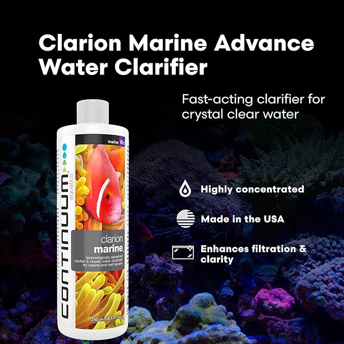 Continuum Aquatics Clarion Marine Water Clarifier for Saltwater Aquariums – Clears Cloudy Water Fast – Reef-Safe Formula – Enhances Filtration & Clarity, 250 ml