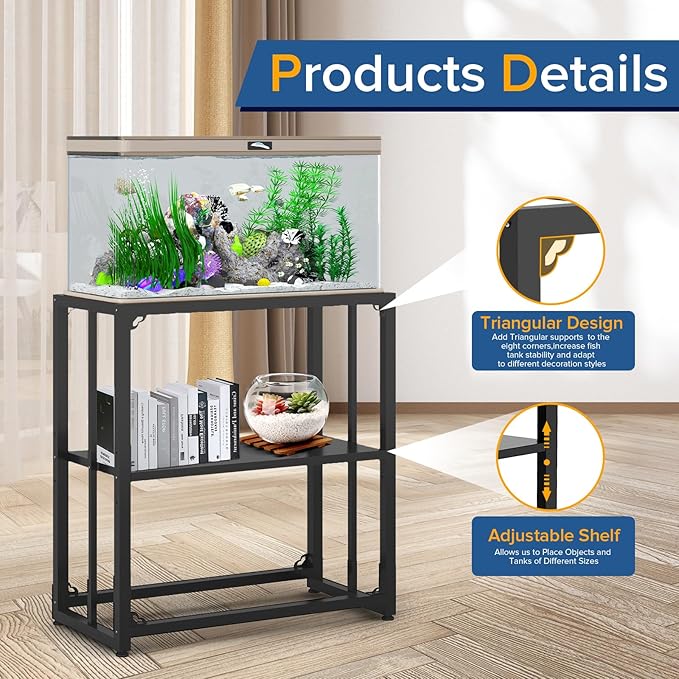 TOCRETOARE Fish Tank Stand 20-29 Gallon, Metal Aquarium Stand, 31.5" L x 16.7" W*29.1”H“ Double-Layer Storage Design, Suitable for Home and Office Use, 660LBS Capacity, Black (Tank not Included)