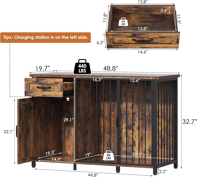 kepptory 55-75 Gallon Fish Tank Stand with Dog Crate, Multifunctional Aquarium Stand with Cabinet and Power Outlets for Larger Aquariums and Versatile Use (Brown)