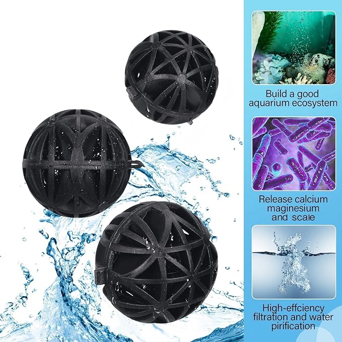 CHENGU 500 Pieces Bio Filter Balls Black Bio Balls for Aquarium Pond Filters Bulk 1.02 Inch Internal Bioball Media with 5 Pieces Filter Media Mesh Bags with Zipper for Aquarium Fish Tank Pond